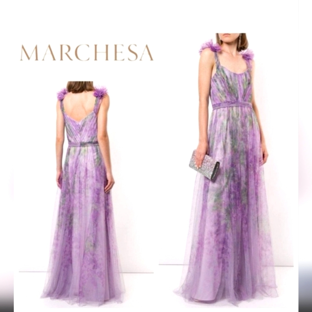 Marchesa Notte Ots Printed Tulle With Drape Gown Dress size 8